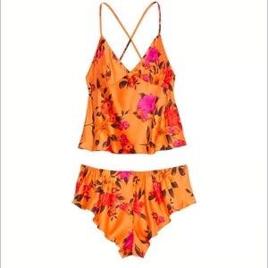 Women's Victoria's Secret Orange Pink Silky Lingerie Night Time Set Large